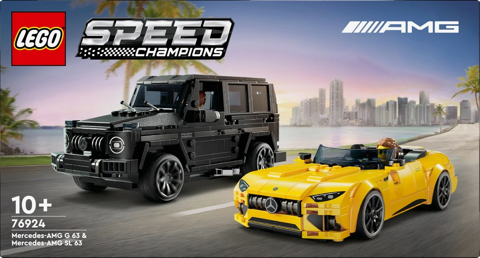 Igralni komplet LEGO Speed Champions z Mercedes‑AMG G 63 in Mercedes‑AMG SL 63, 806 delov, črn in rumen