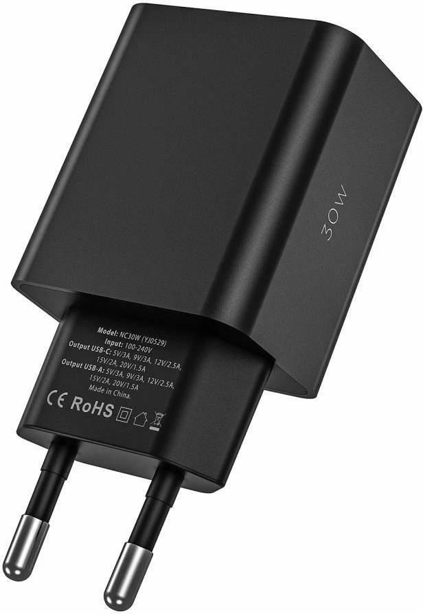 Stenski polnilec 30 W, 2 vrata USB-C/USB-A, črn Tech-Protect NC30W