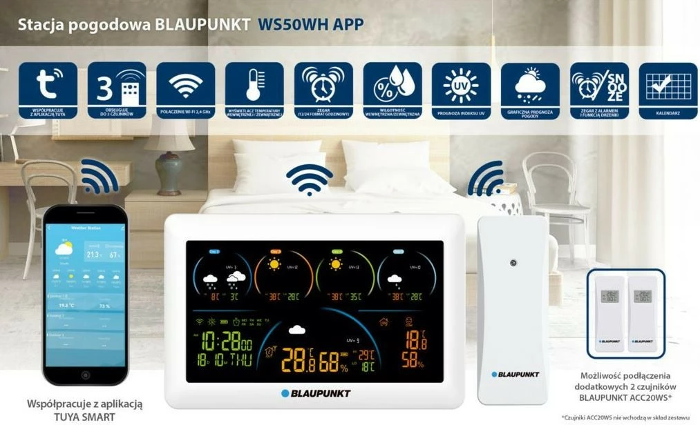 Vremenska postaja Blaupunkt WS50WH APP, z Wi‑Fi, barvnim zaslonom, bela