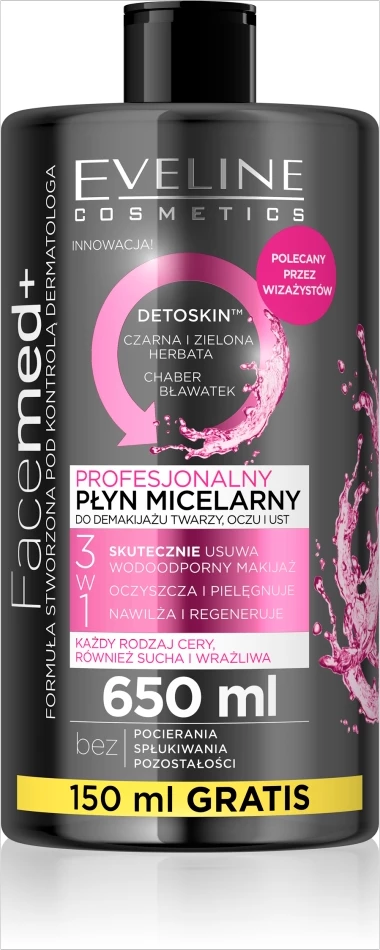 Micelarna voda 3 v 1 za ženske Eveline Cosmetics Facemed+, 650 ml