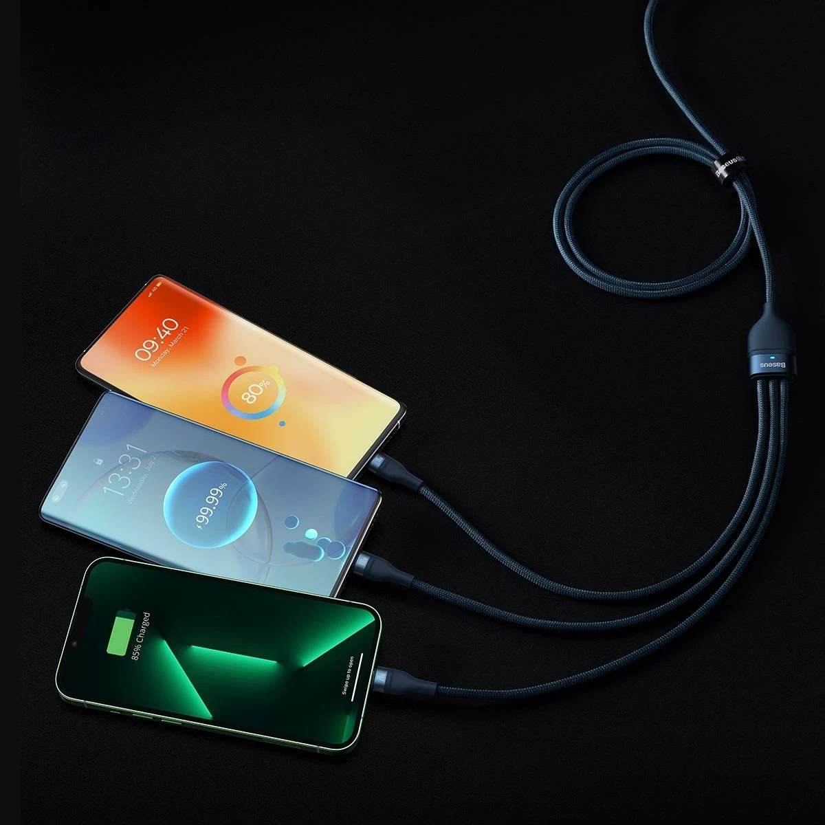 3-v-1 kabel Baseus Flash Series II, 1,5 m, 100 W, USB-A/USB-C/Lightning/Micro USB, modra