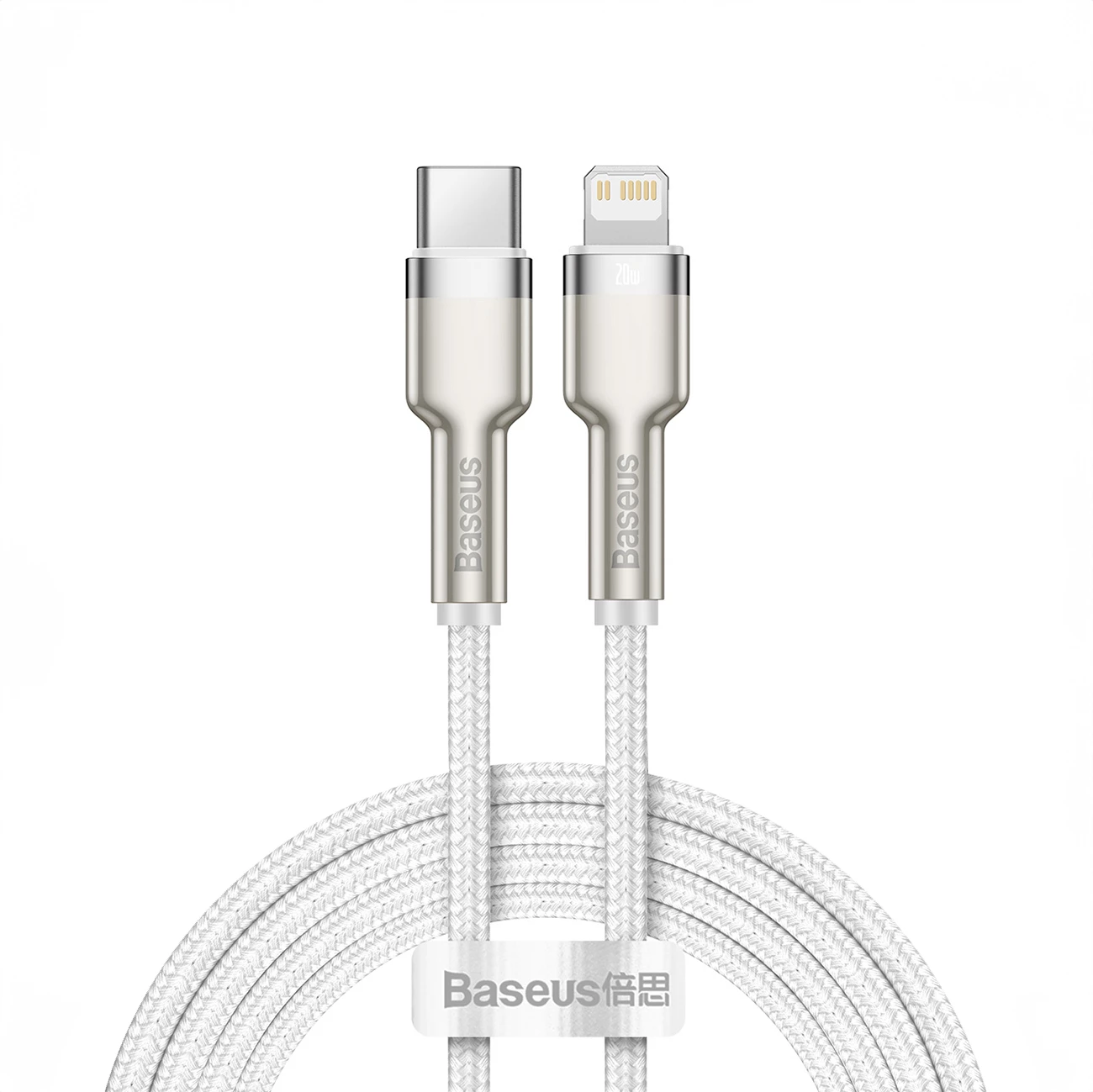 Kabel za hitro polnjenje in prenos podatkov Baseus Cafule Series Metal, USB-C na Lightning, 1 m, 20 W, bel