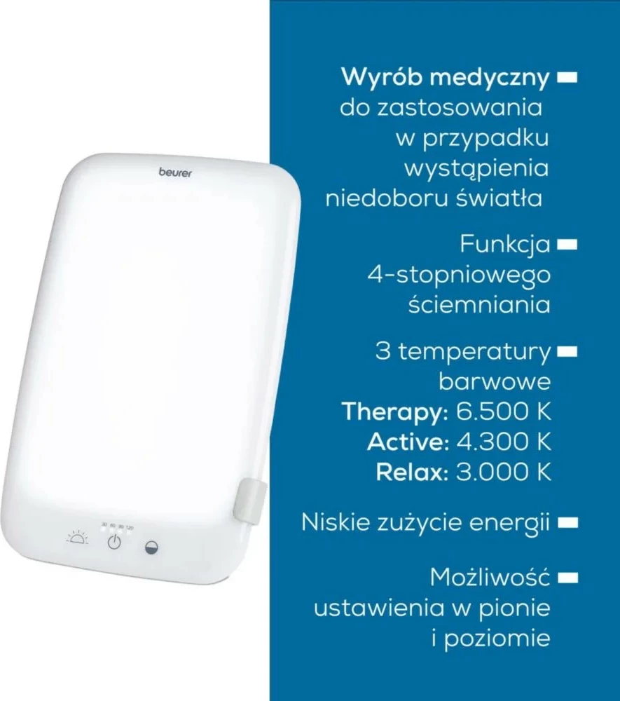 Svetilka za svetlobno terapijo Beurer TL35, 10.000 lx, površina 14×20 cm, 3 barvne temperature, zatemnjevanje 4 stopnje, časovnik 30–120 min, bela