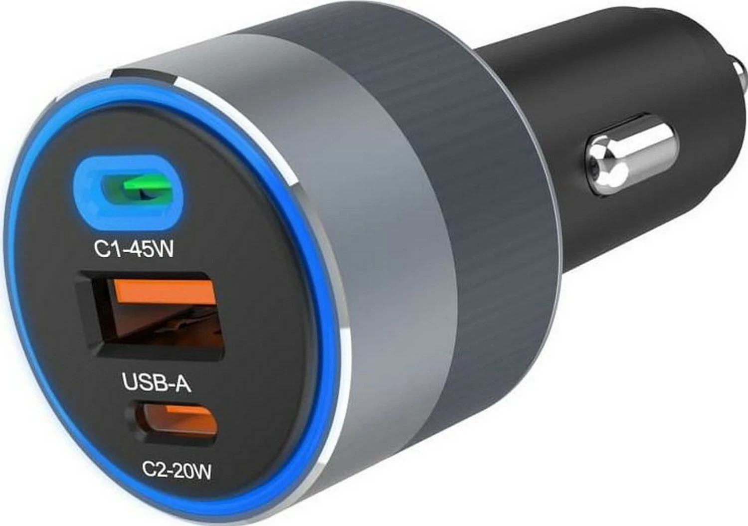 Avtomobilski polnilec, Forcell F-ENERGY Alu, 2x USB-C + USB-A, PD QC4.0 SFC2.0, 65W, sive barve