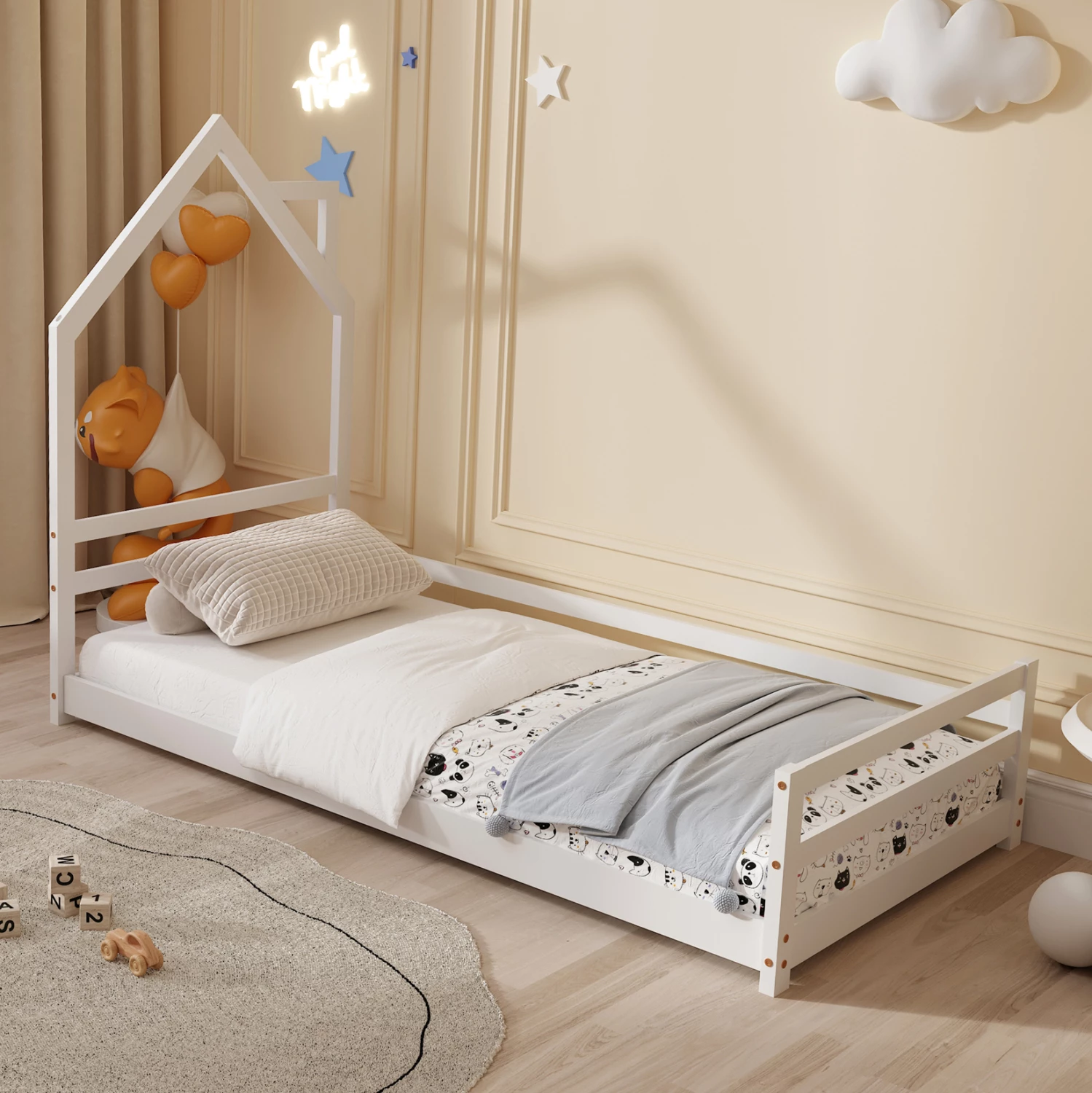 Postelja za otroke HOUSER FH676.03 t.MONTESSORI iz masivnega borovega lesa v beli barvi - 190x90cm
