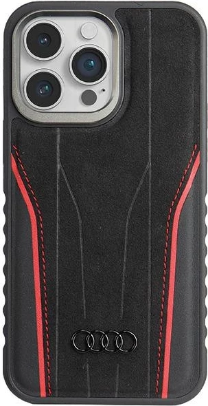 Etui iz pravega usnja Audi z MagSafe za iPhone 15 Pro, črno-rdeč