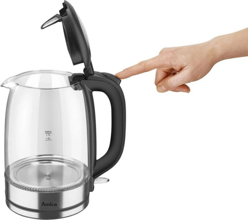 Električni grelnik vode iz borosilikatnega stekla Amica Glass Kettle KD2050G, 1,7 L, črno/prosojen