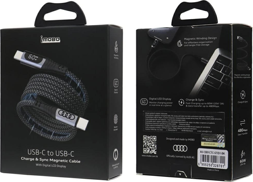 Kabel USB-C/USB-C, 1,2 m, 60 W, LCD zaslon, črn, Audi 2.0
