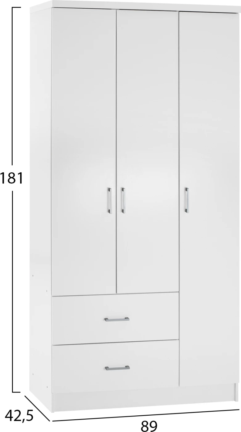 Garderobna omara s 3 vrati in 2 predaloma FH340.05 v beli barvi 89x42,5x181 cm
