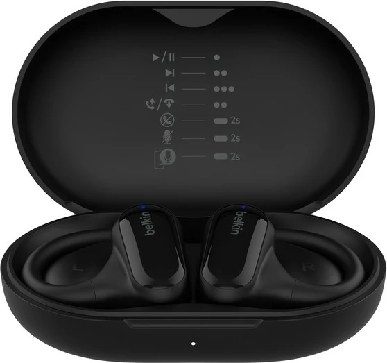 Slušalke z odprtim dizajnom Belkin SoundForm ClearFit, True Wireless Stereo, Bluetooth 5.3, 26 ur s polnilno škatlo, IPX5, črne
