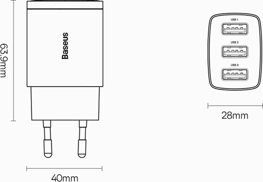 Stenski polnilec Baseus CCXJ020102, 3x USB, 17W, bel