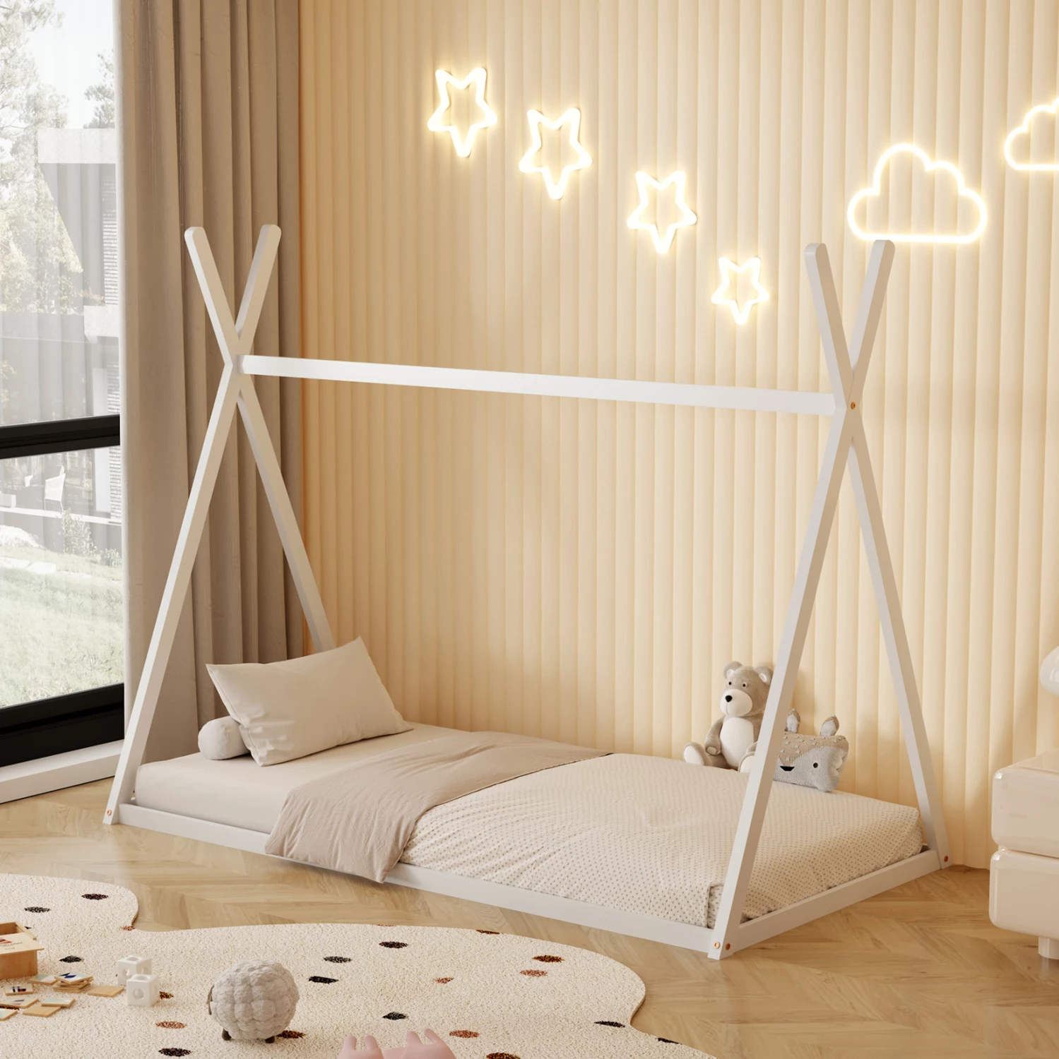 Postelja za otroke MUNK FH681.03 t.MONTESSORI iz masivnega borovega lesa v beli barvi za vzmetnico 190x90 cm