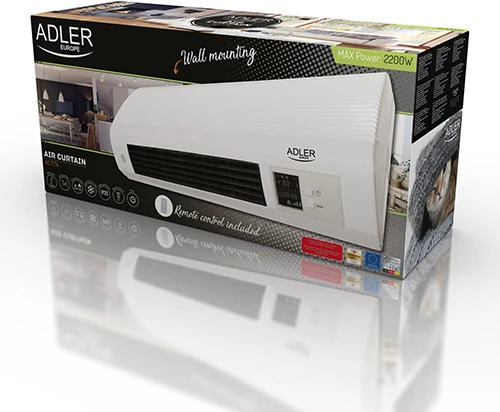 Grelna zračna zavesa za stensko montažo Adler AD 7714, max. 2200 W, 2 stopnji 1000/2000 W, keramični element, termostat 7–38 °C, tedenski časovnik, daljinski upravljalnik, bela
