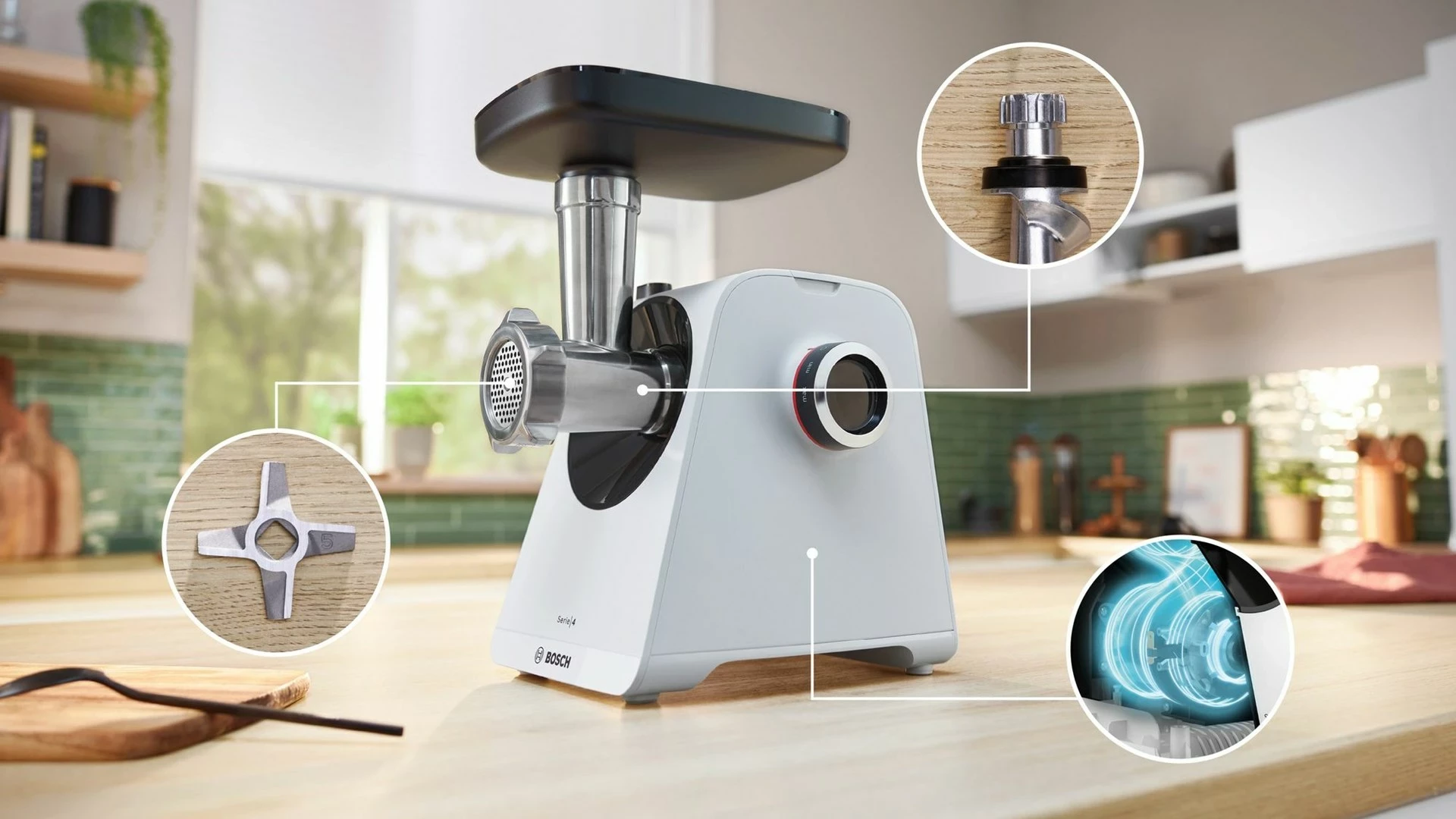 Mlinček za meso Bosch Serie 4 MFWS420W, 1900 W, bel, črn