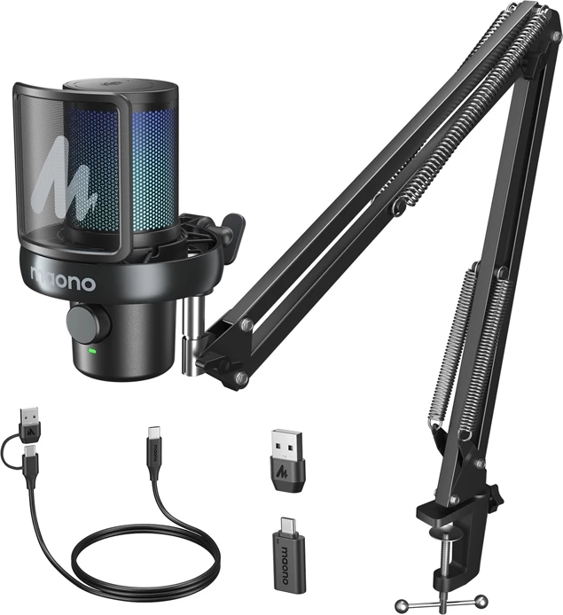 Brezžični mikrofon z boom arm in RGB Maono DM40 S Pro, AI Voice Changer, črn