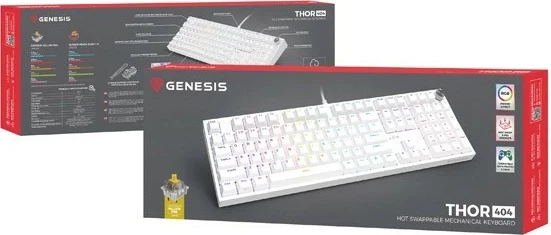 Mehanska tipkovnica Genesis Thor 404, RGB, Gateron Yellow Pro, polna velikost, bela