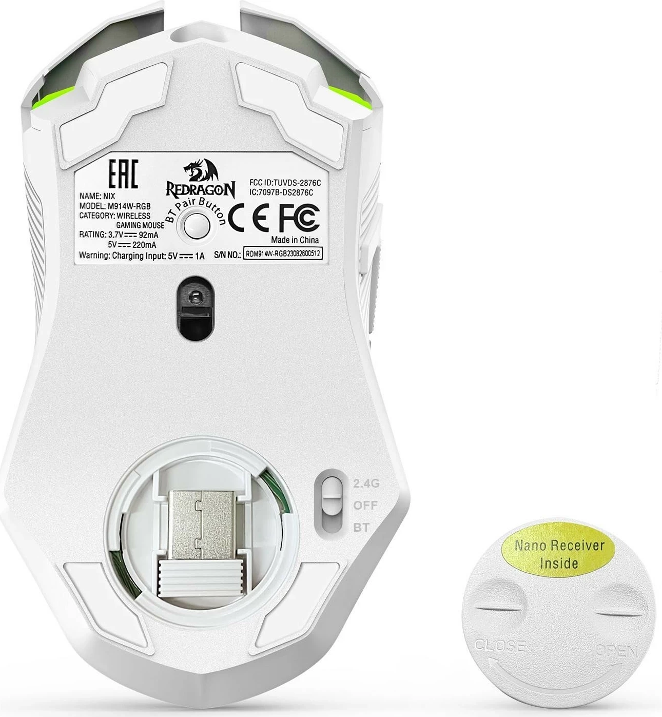 Brezžični miš z RGB Redragon M914W-RGB NIX, 5000 DPI, bela