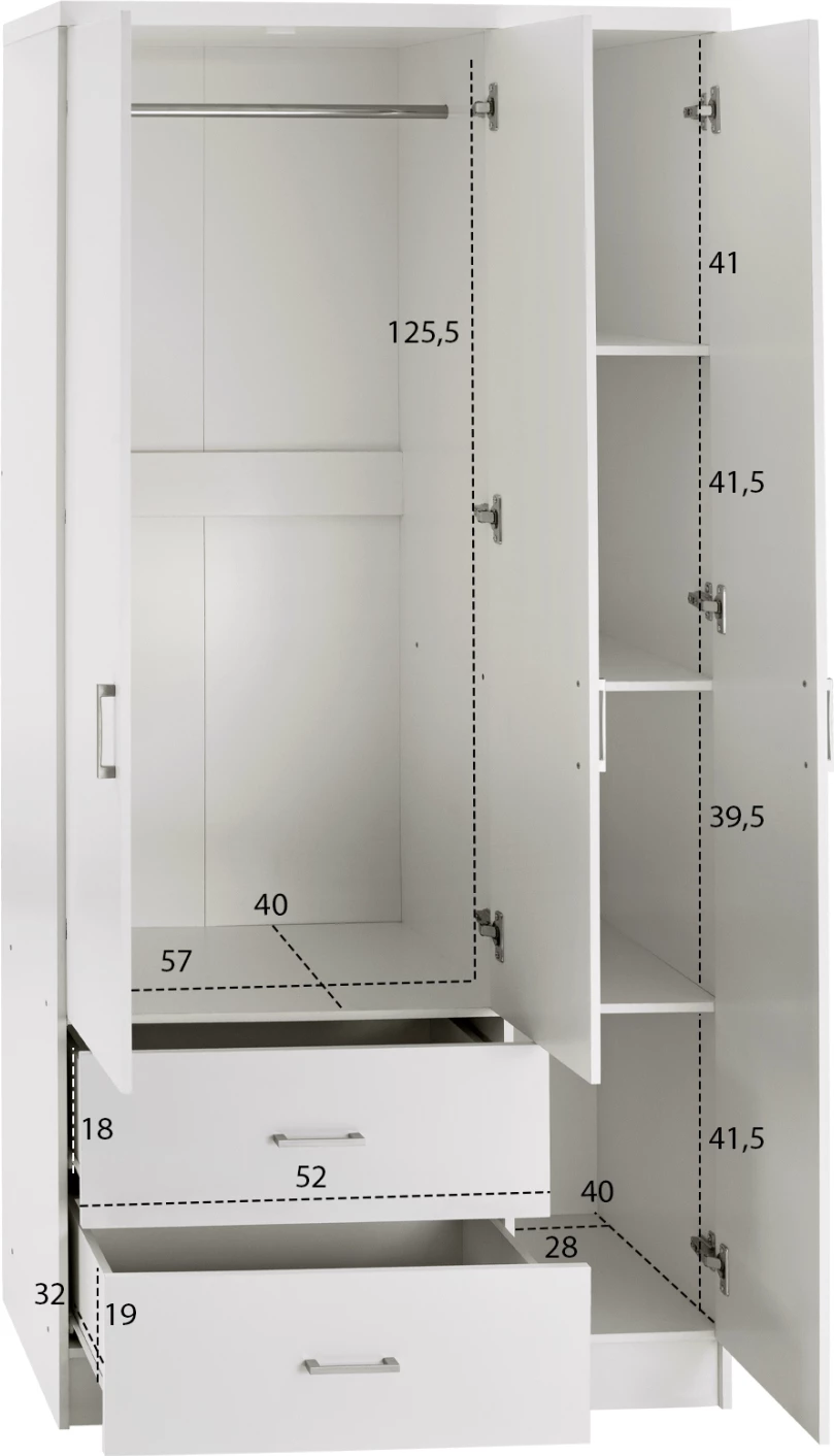 Garderobna omara s 3 vrati in 2 predaloma FH340.05 v beli barvi 89x42,5x181 cm