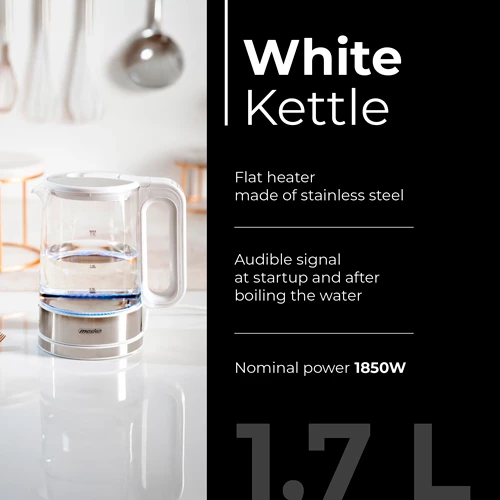 Električni čajnik iz stekla Mesko MS1301, 1,7 L, nadzor temperature, LED, bel