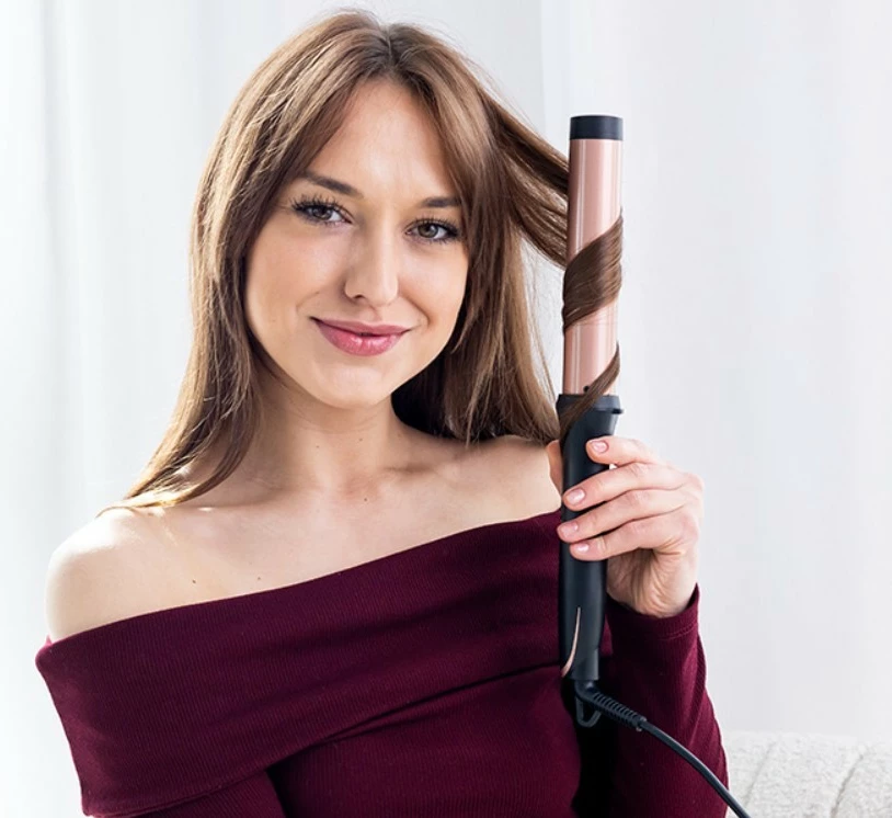 Kodralnik za lase Sleek & Shine Curler Lafe LAFLKA47572, 32 mm, nastavljiva temperatura 100–200 °C, 60 W, keramični premaz, LCD zaslon, z zaščitnim držalom, črno/rožnat