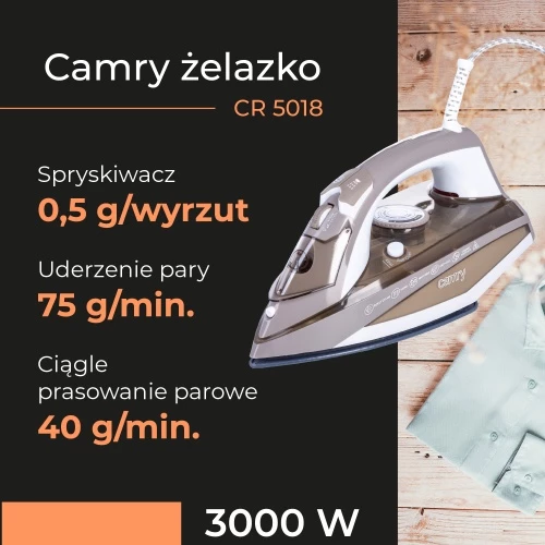 Parni likalnik, 3000 W, keramična likalna plošča, rezervoar 320 ml, kabel 1,9 m, zlata, Camry CR5018