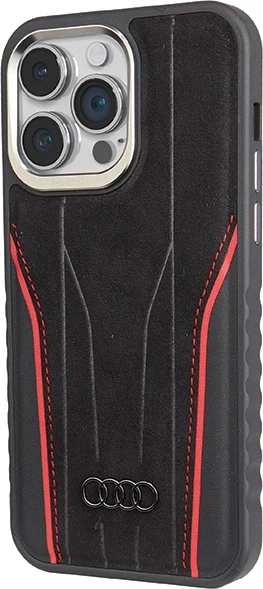 Etui iz pravega usnja Audi z MagSafe za iPhone 15 Pro, črno-rdeč