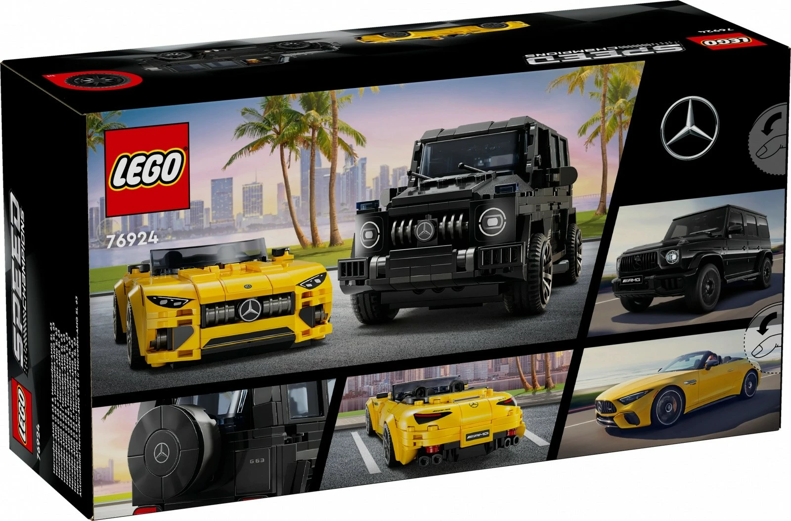 Igralni komplet LEGO Speed Champions z Mercedes‑AMG G 63 in Mercedes‑AMG SL 63, 806 delov, črn in rumen