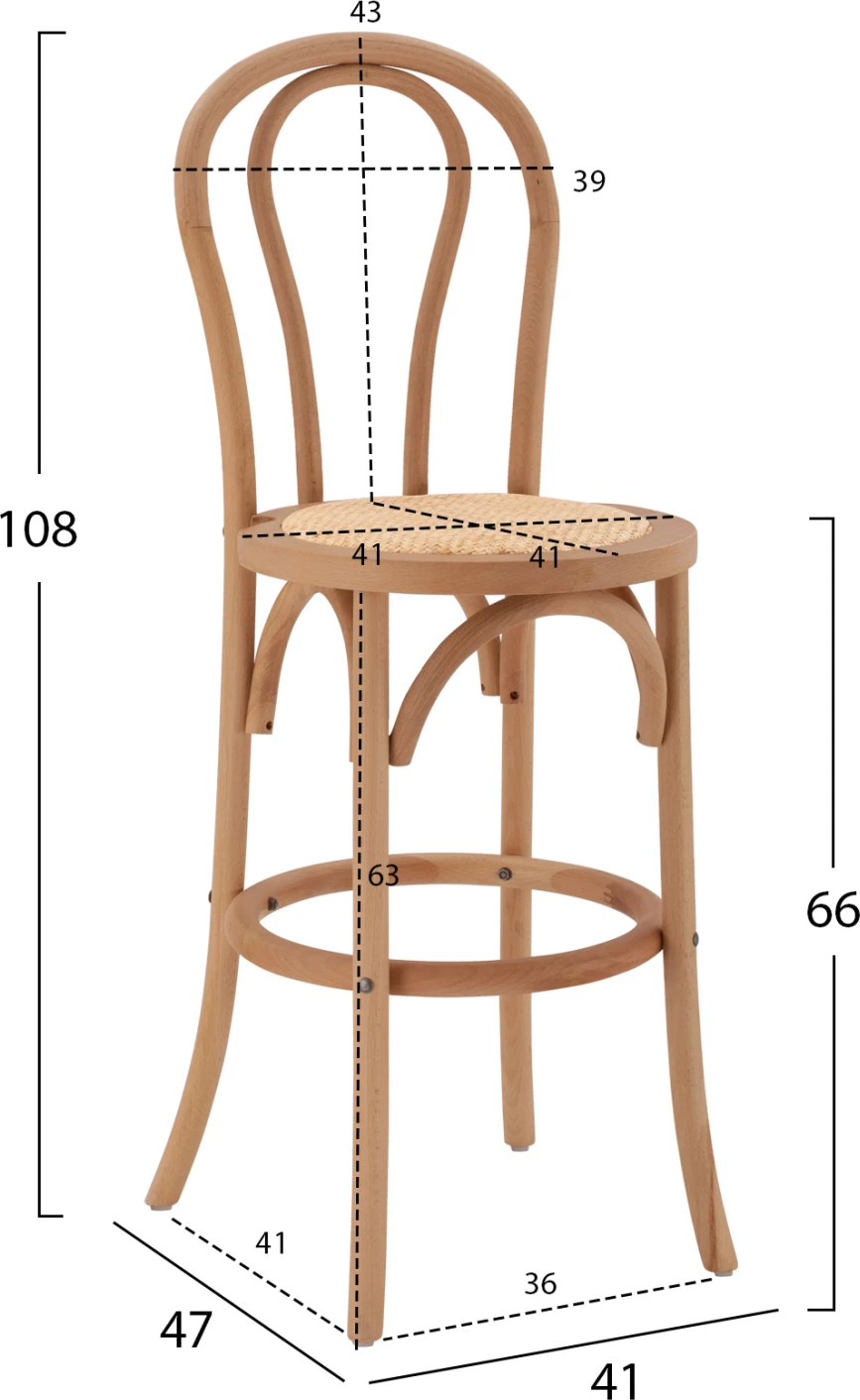 Leseni barski stol iz bukovega lesa temno medene barve z mat 41x47x108