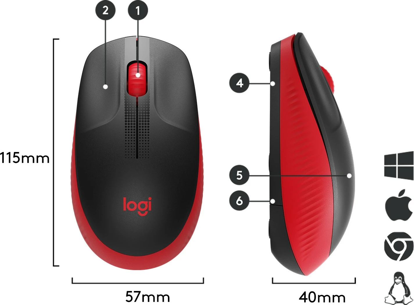 Brezžični miš, Logitech M190, 1000 DPI, črno, rdeče