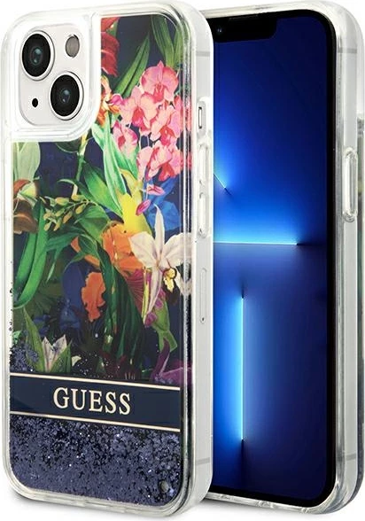 Ovitek z vzorcem cvetja in tekočim bleščicami Guess za iPhone 14 Plus 6,7", modra