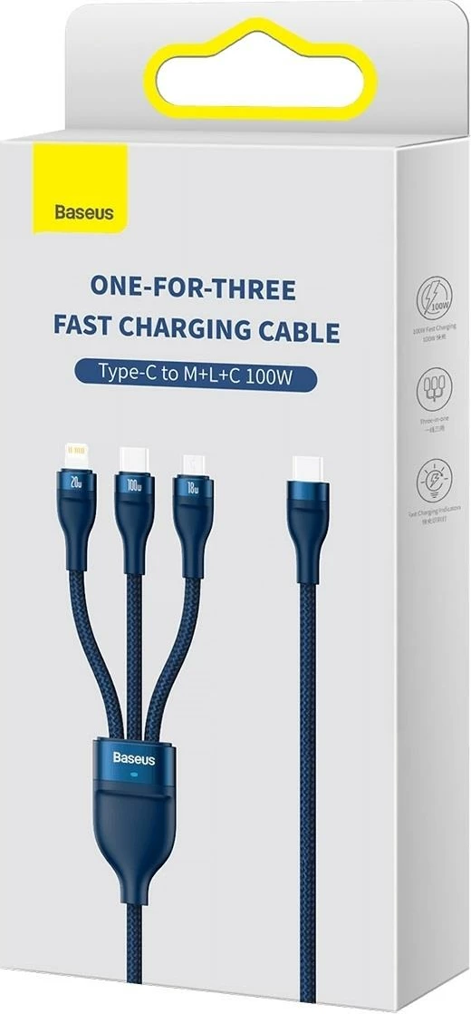 3-v-1 kabel Baseus Flash Series II, 1,5 m, 100 W, USB-A/USB-C/Lightning/Micro USB, modra