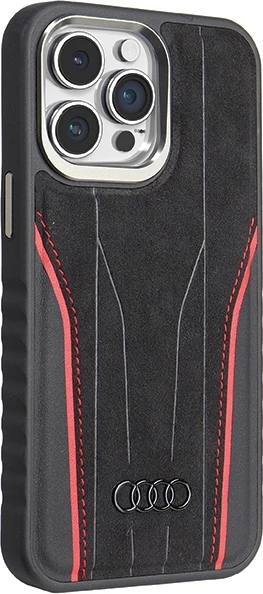 Etui iz pravega usnja Audi z MagSafe za iPhone 15 Pro, črno-rdeč