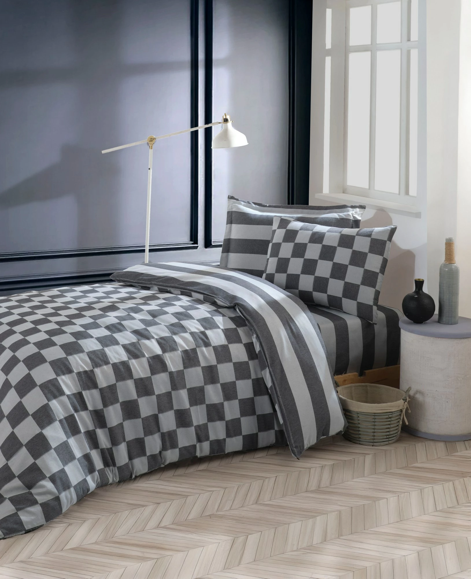 Enojna XXL prevleka za odejo, enodelna, saten karo, L'essentiel, črna