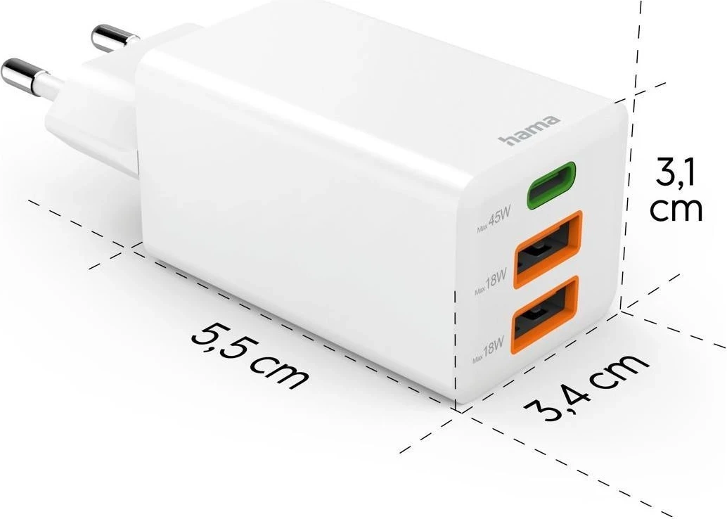 Mini polnilec GaN 45W, Hama, 2x USB-C, 1x USB-A, bel