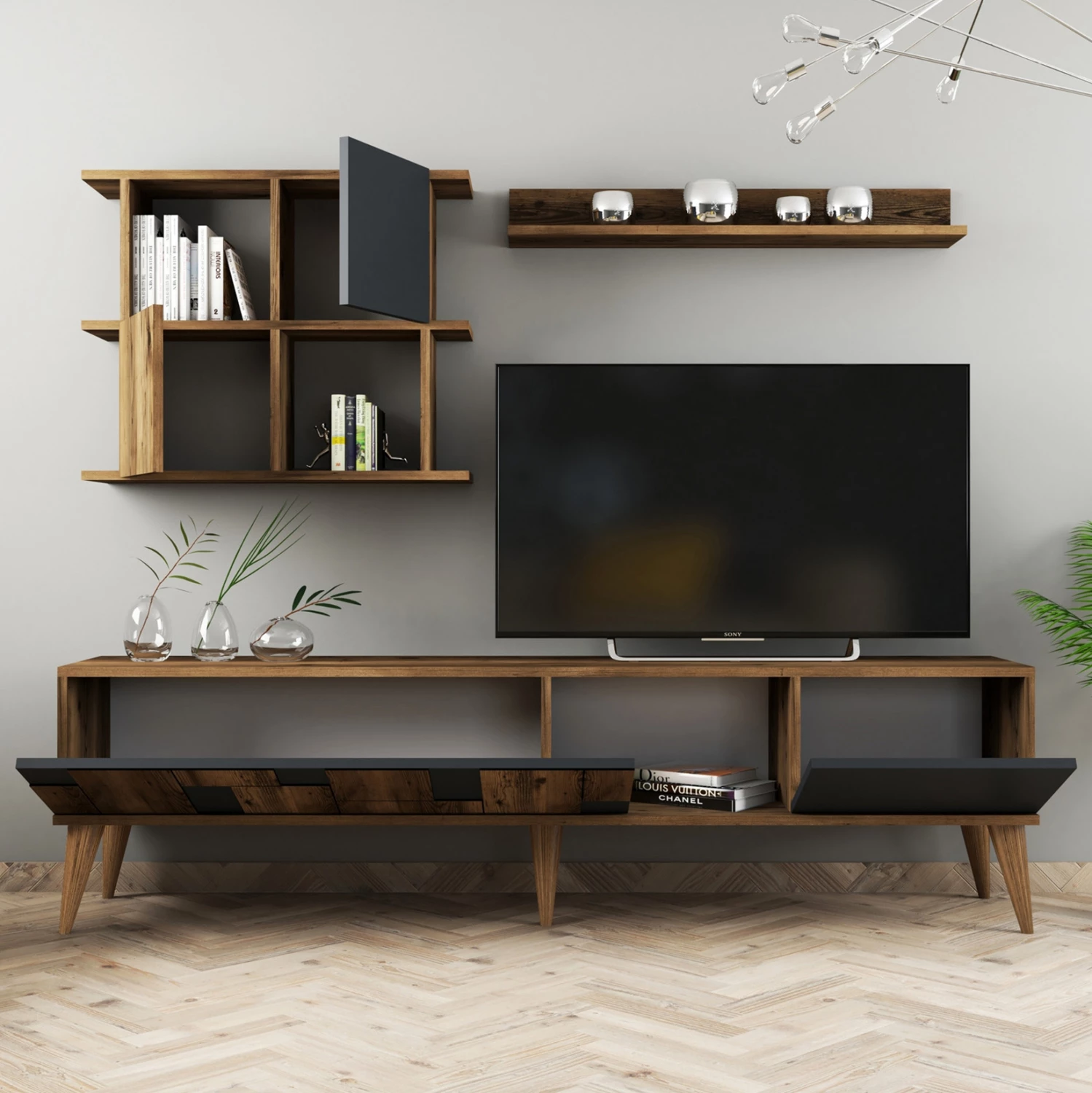 Kombinacija TV pohištva iz melamina v barvi oreha in ogleno sivi 180x33.8x48.6Hcm.FH9437.01