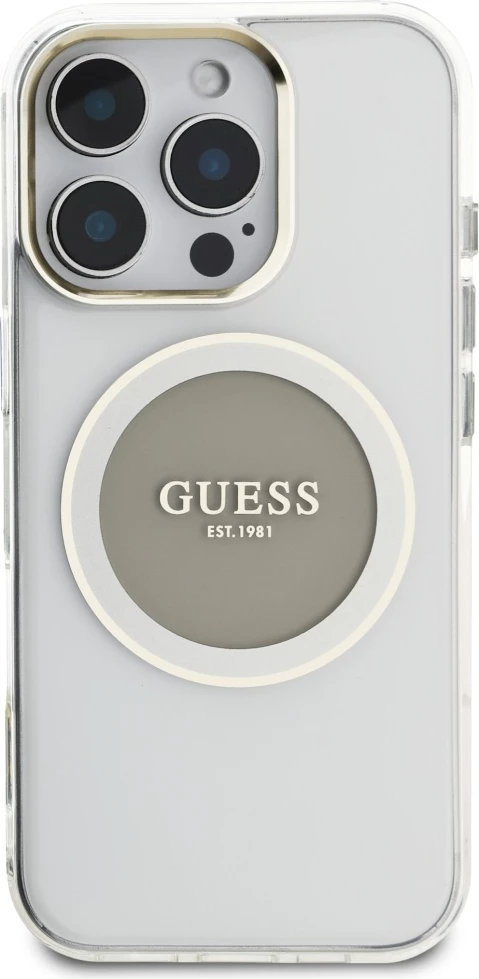 Ovitek za telefon Guess IML Metal Colored Circle Classic Logo MagSafe za iPhone 16 Pro, siv