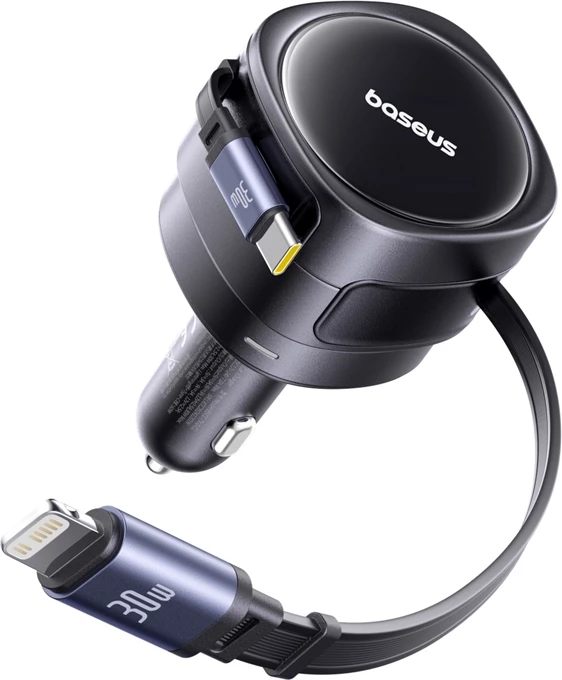 Polnilec za avto z integriranima kabloma USB-C in Lightning, 60W, Baseus C00035507121-00, črn