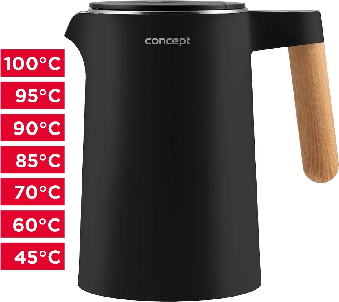 Električni ibrik Concept RK3301, 1,5 L, nastavljanje temperature, Cool Touch, črn