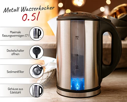 Električni grelnik vode Adler AD 1216, 1,7 L, 1850–2200 W, inox