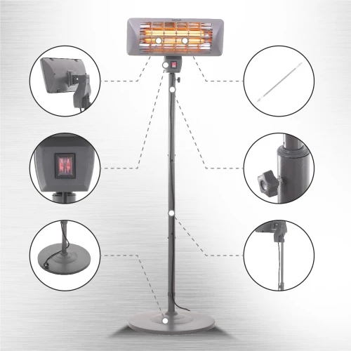 Stoječi grelec za teraso Adler Camry CR 7737, 1000/2000 W, kvarčni grelci, IP24, 14 m², višina 157–202 cm, siv