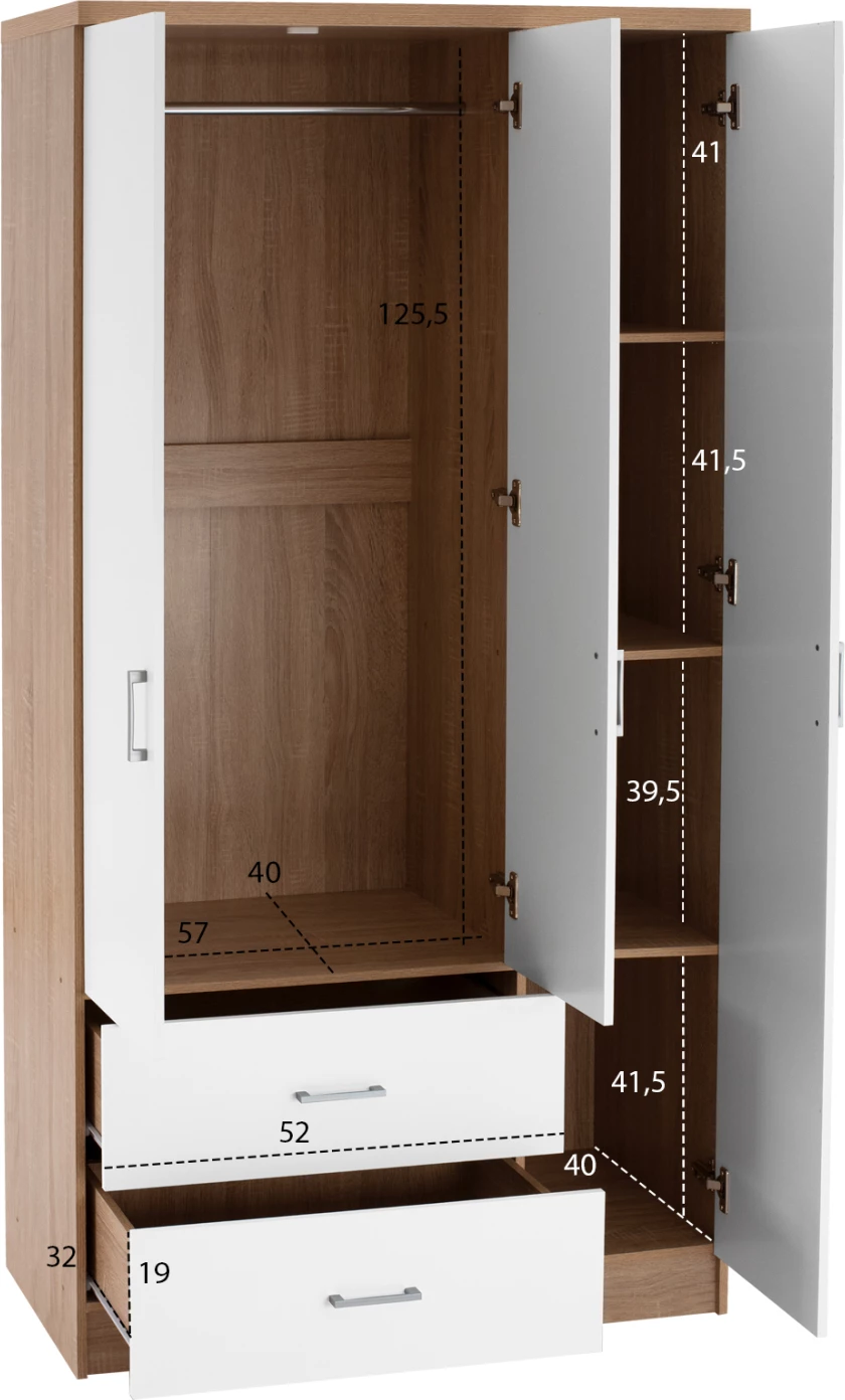 Garderobna omara s 3 vrati in 2 predaloma FH340.06 sonama-bela 89x42,5x181 cm