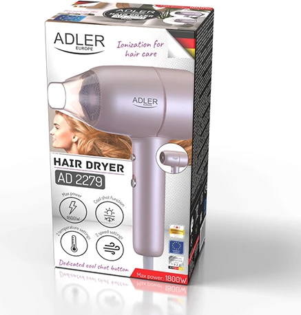 Sušilnik za lase Adler AD 2279p, 1600–1800 W, 2 hitrosti, 2 temperature, ionizacija, kabel 1,8 m, rožnat
