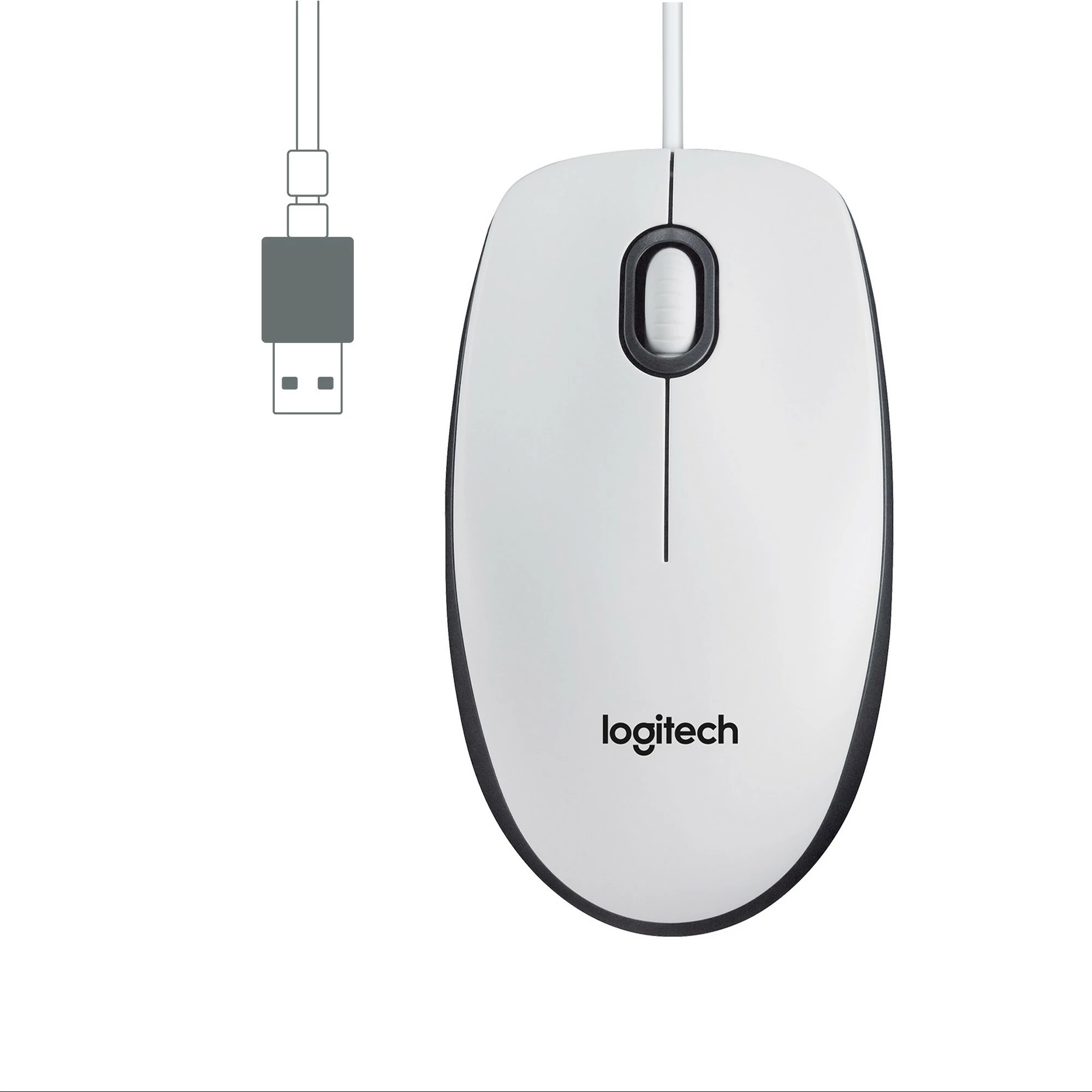 Optični miš, Logitech M100, ambidextrous, USB Type-A, 1000 DPI, bel
