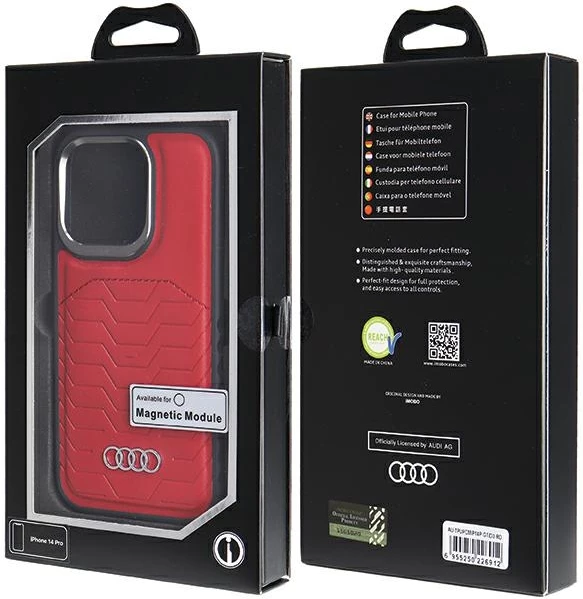 Zaščitni ovitek za iPhone 14 Pro, rdeč, umetno usnje z MagSafe (Audi)