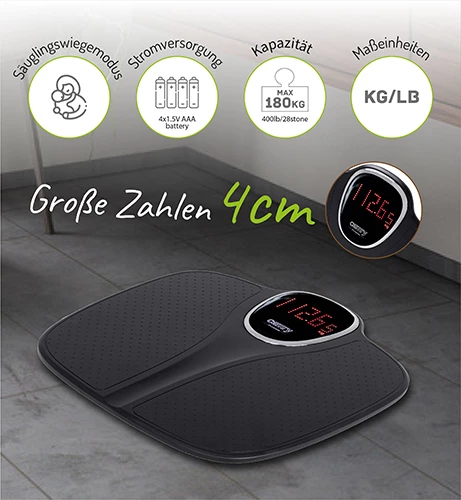 Kopalniška tehtnica Adler CR 8171, 180 kg, LED zaslon, način tehtanja dojenčka, 29,5x33,5 cm, črna