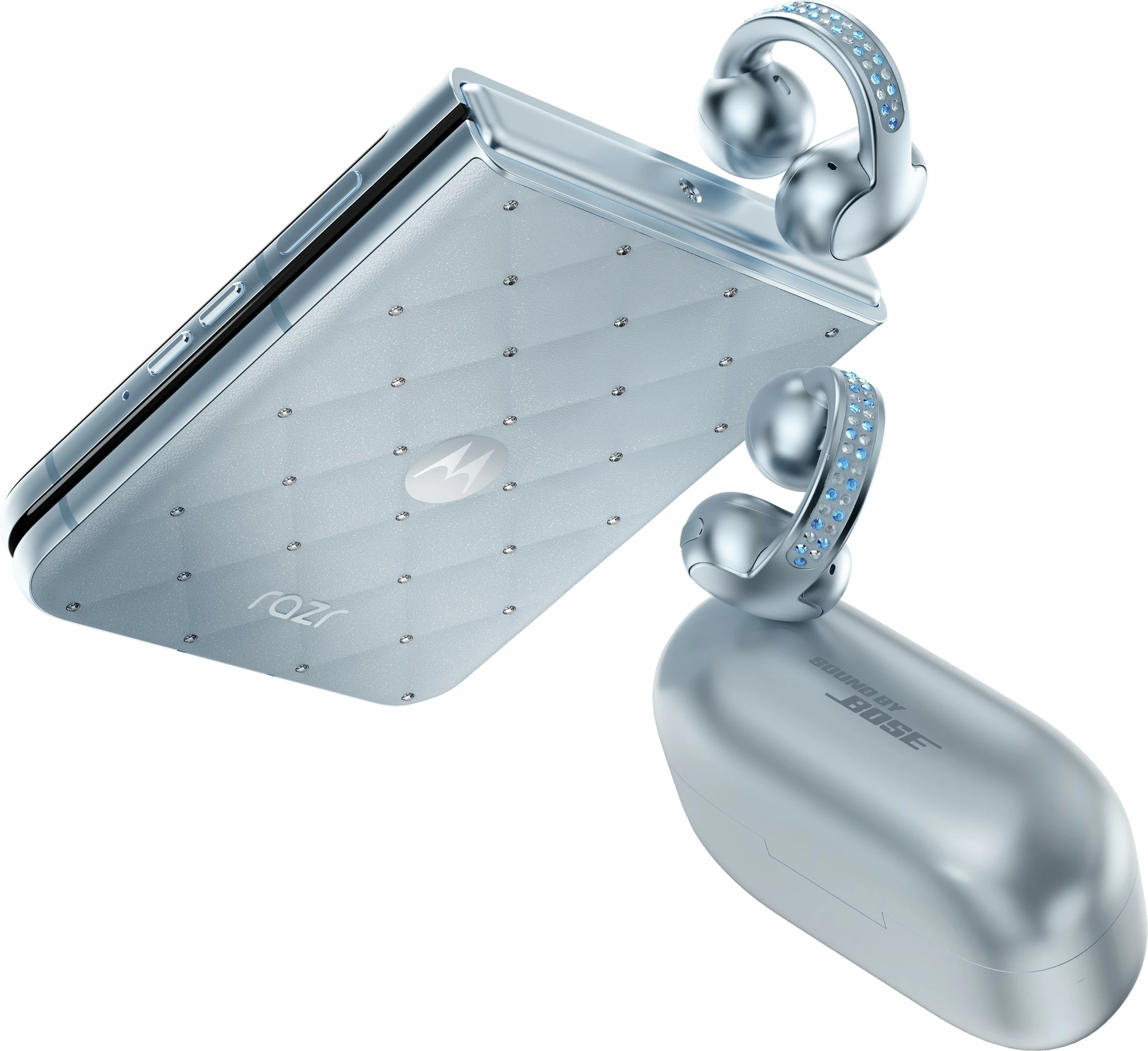 Zložljiv pametni telefon z luksuznim Swarovski dizajnom Motorola razr60 + slušalke Buds Loop, Swarovski Edition, moder