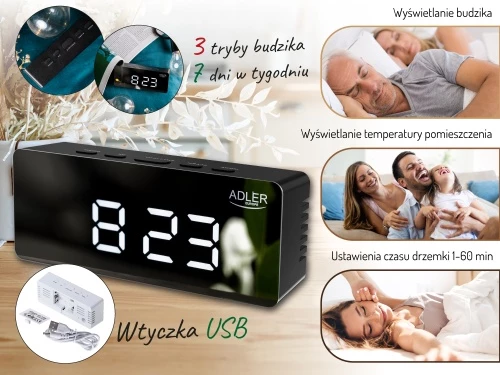 Alarmna ura Adler AD 1189, LED s prikazom temperature prostora, 3 načini alarma, USB + 3x AAA, črna