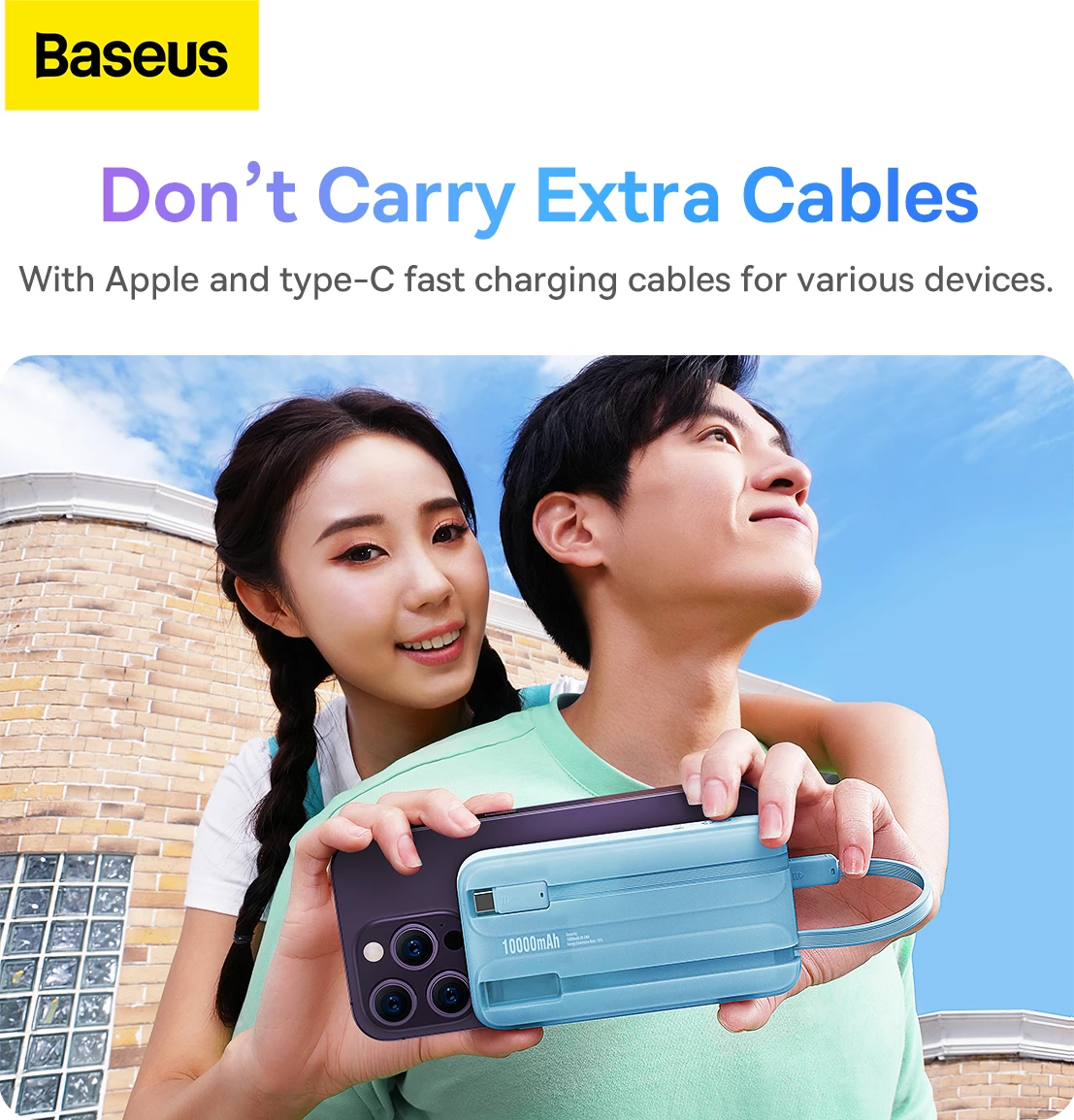 Powerbank, 10.000 mAh, 22,5 W, z zaslonom, USB-C/Lightning/USB-A, modra – Baseus Comet Series PPMD020003 + kabel USB-A na USB-C 0,3 m, bel