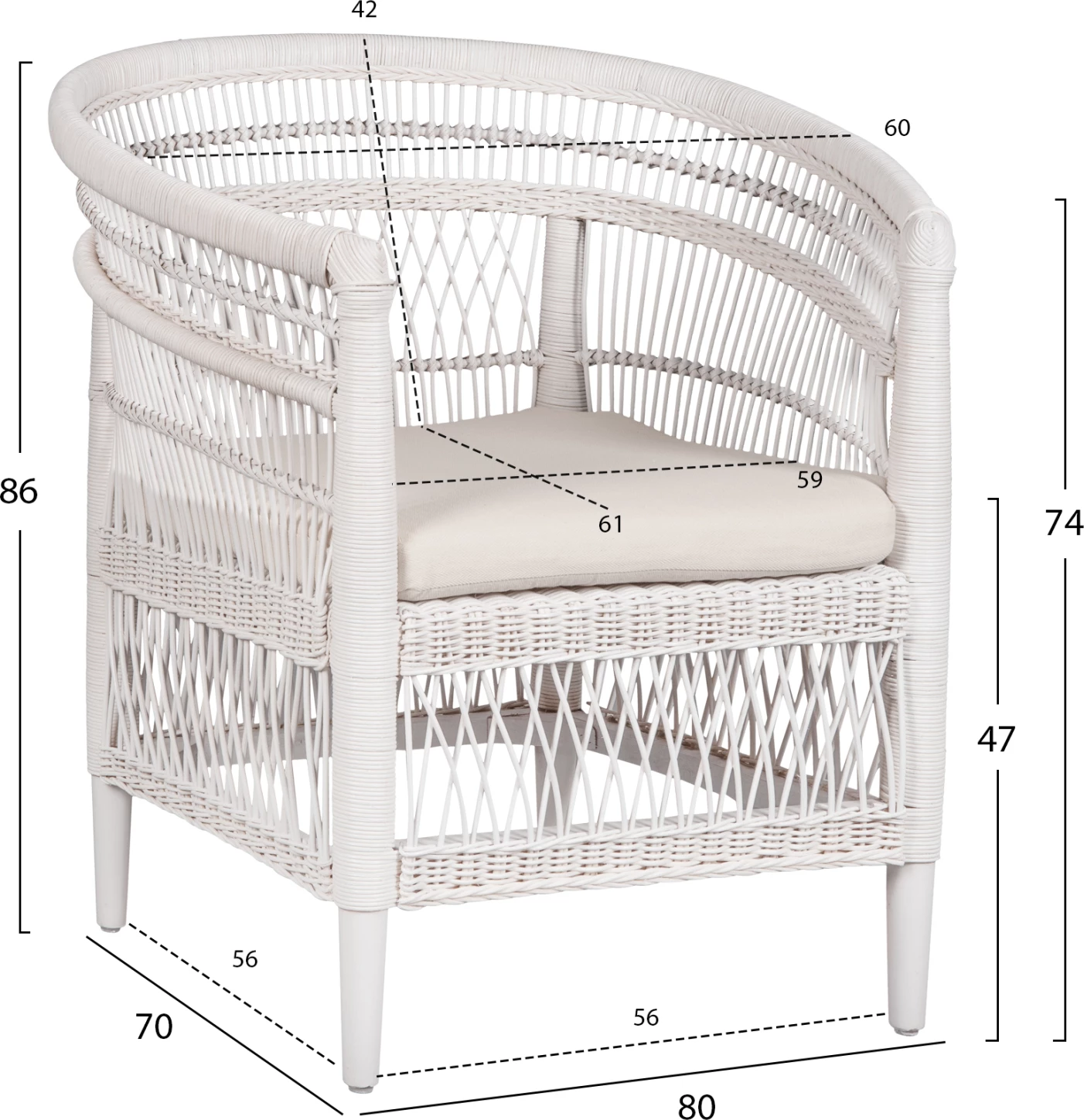 Fotelj MALAWI iz mahagonija z ratanom v beli barvi z belim vzglavnikom 80x70x86Hcm