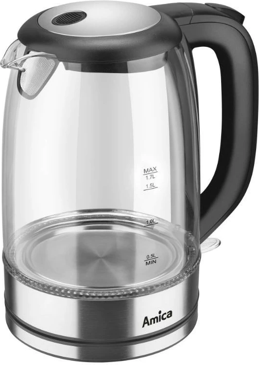 Električni grelnik vode iz borosilikatnega stekla Amica Glass Kettle KD2050G, 1,7 L, črno/prosojen